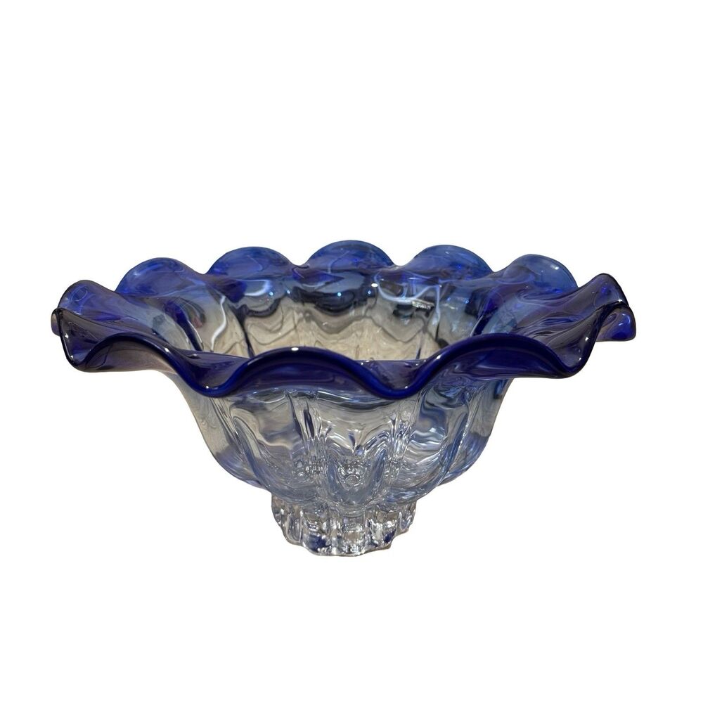 Shannon Crystal Cobalt Clear/Blue Ruffled Bowl Designs of Ireland 6.75"x12" 9LB